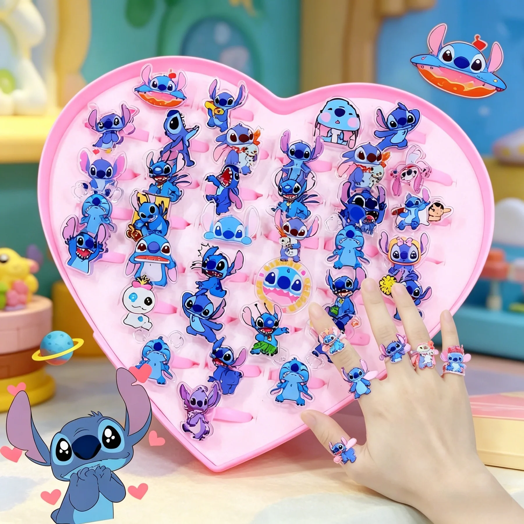 Anillo acrílico de Disney Stitch para niños, accesorio encantador para bebés pequeños, regalo para guardería, recuerdos de fiesta de cumpleaños, 10/20/30 Uds.