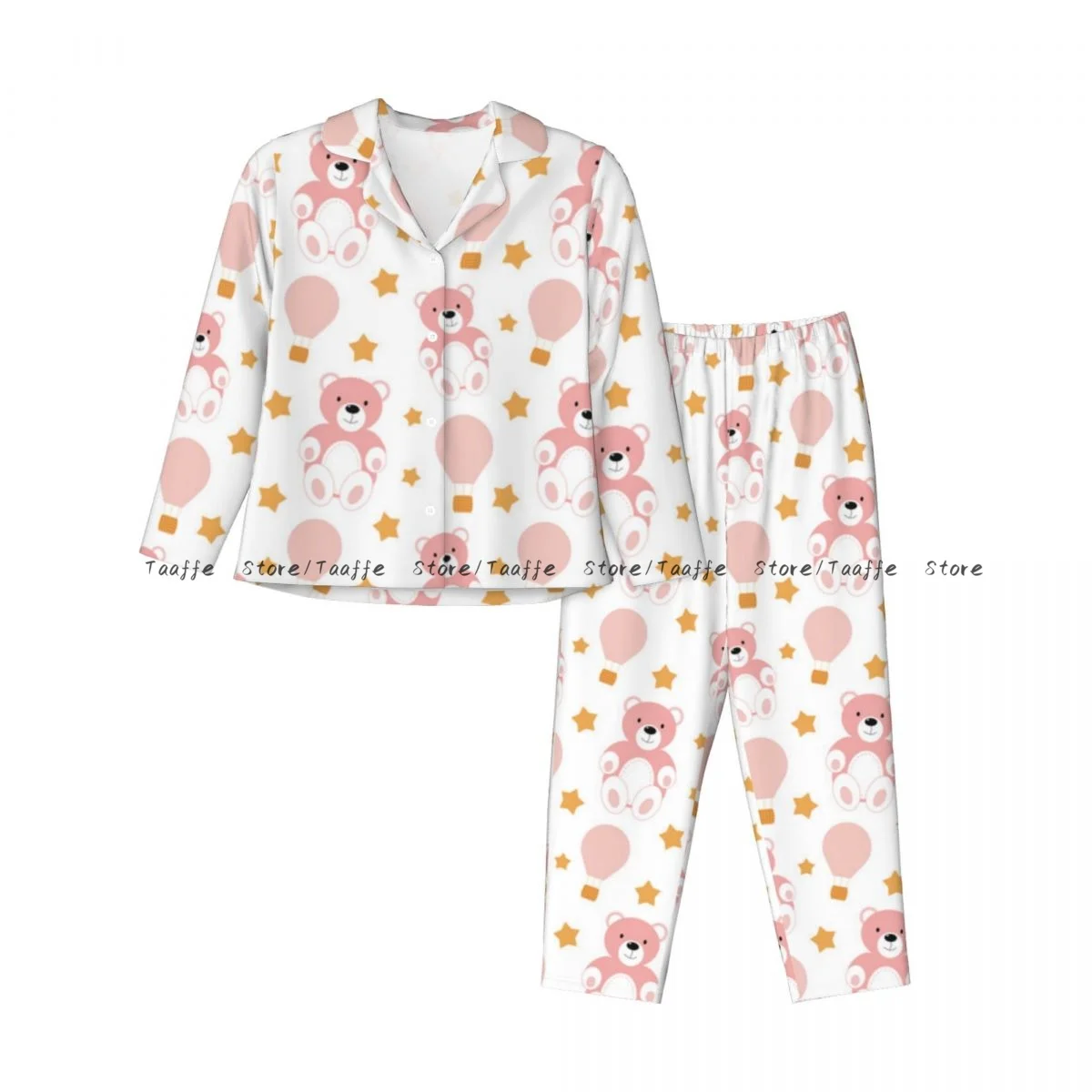 Women Sleepwear Pajamas Pink Bear And Ballon Long Sleeve Pijama Female Set Negligee Cardigan Suit