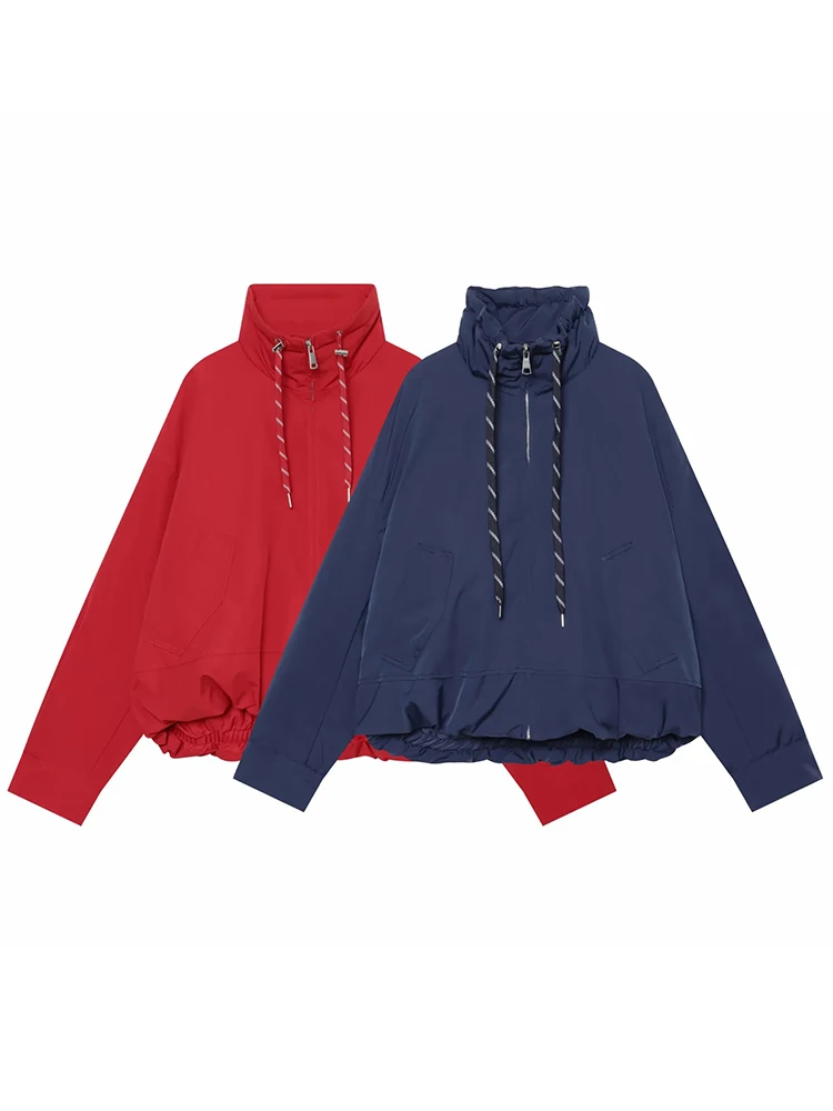 Women 2026 Spring Autumn Hood Zip Jacket Women Drawstring Collar Cropped Hem Patch Pockets Loose Fit Daily Outer Lady Coat