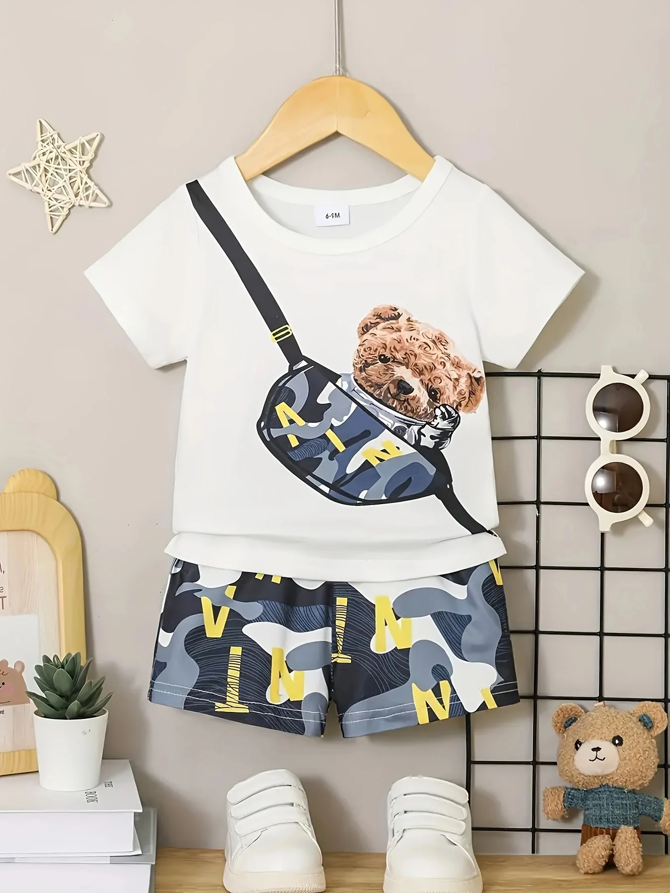 

Baby, toddler, boy, summer style cartoon cute little bear short sleeved top camouflage shorts set