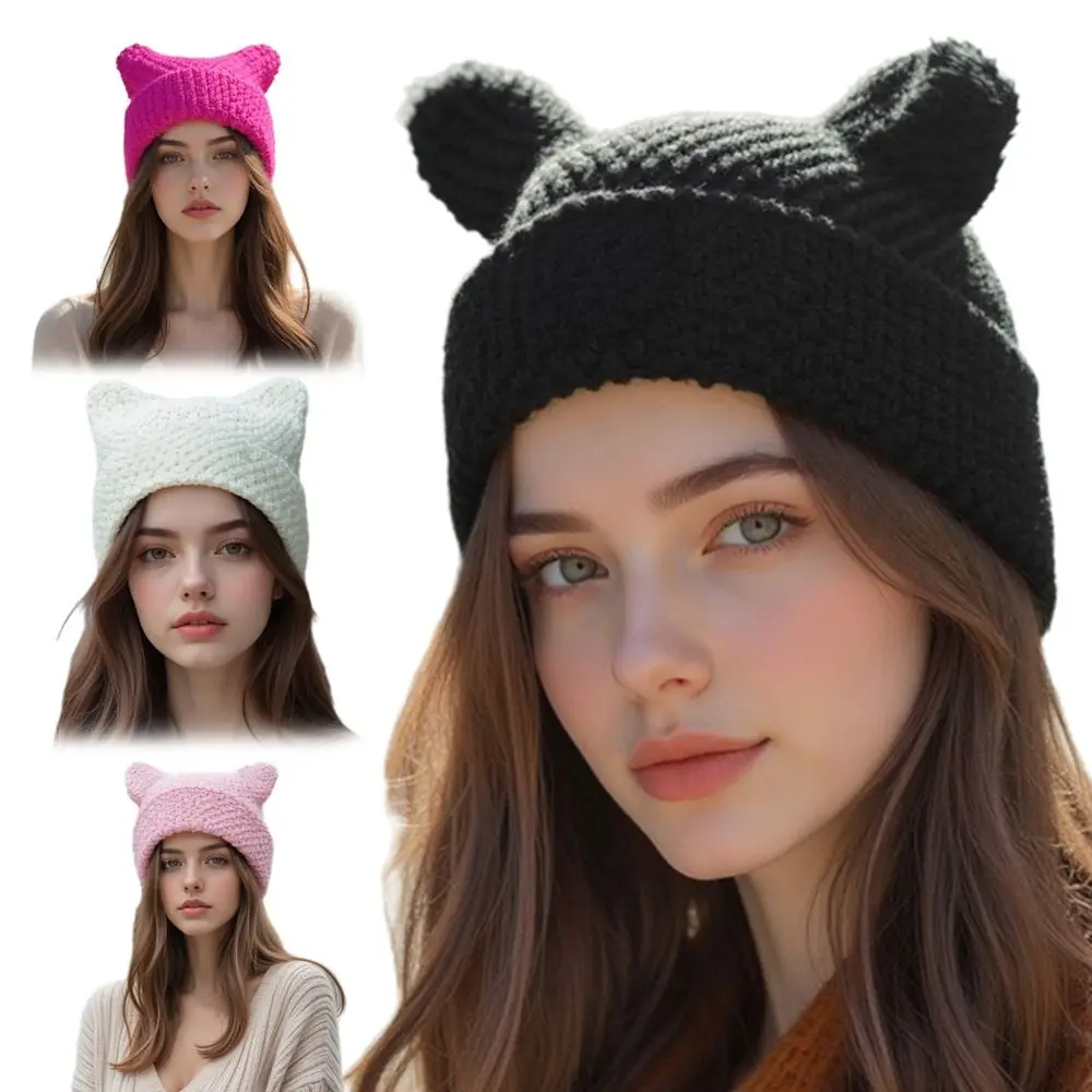 New Cat Ears Japanese Beanie Hat Striped Ins Little Devil Knitted Wool Cap Casual Y2K Harajuku Punk Skullies Cap Autumn Winter