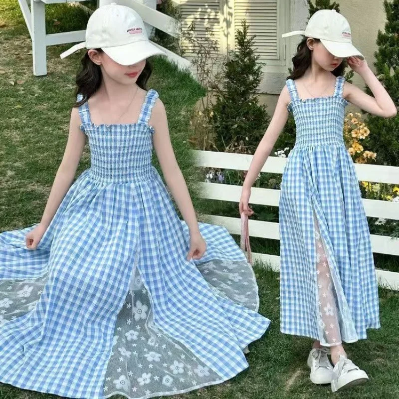 Trendy Lace Plaid Summer Dress for Girls Korean Style Princess Skirt Casual Leisure Gown Big Kids Checkered Strap on Dress
