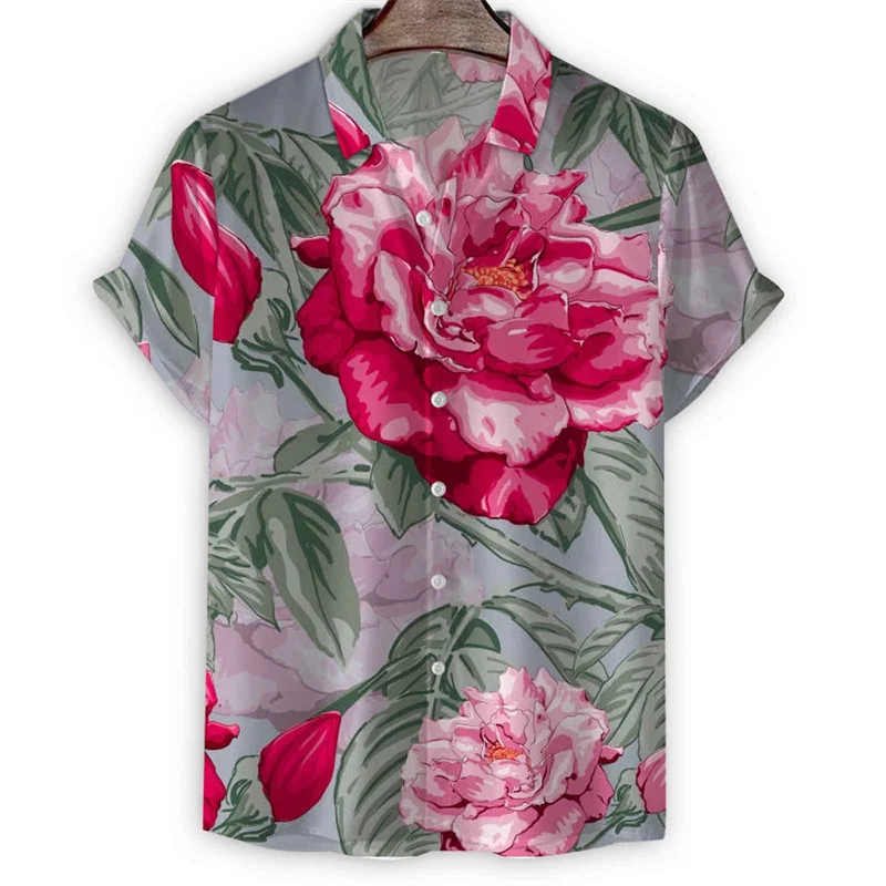 

Flower 3d Print Hawaiian Shirt Men Summer Vacation Floral Short Sleeves Oversized Tees Cool Street Button Lapel Blouse Tops