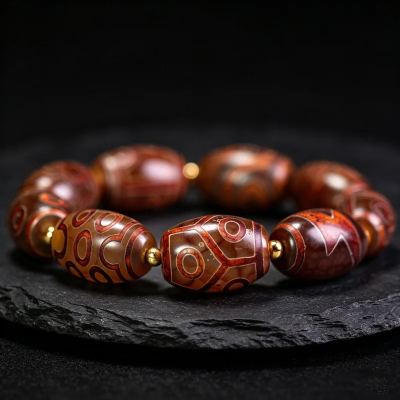 5A Grade Natural Tibetan Genuine Old Agate Beads Featuring A Complete Totem Design Representing Great Perfection In A 4
