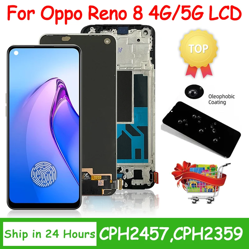 6.4“AMOLED For Oppo Reno8 CPH2359 LCD Display Touch Screen Digitizer Assembly For Oppo Reno 8 4G CPH2457 LCD With Frame