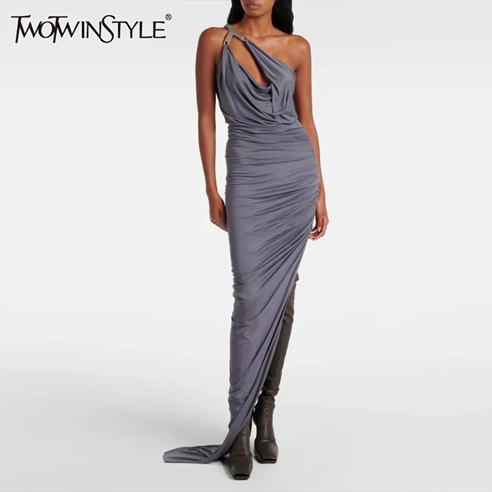 

TWOTWINSTYLE Solid Slimming Spliced Folds Irregular Dresses for Women Diagonal Collar Sleeveless Split Dress Femlae Clothing New