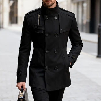 Men's Double-Breasted Woolen Overcoat 4 Men's Double-breasted Woolen Overcoat Fashion Solid Color Mid-length Jacket Luxury Light Business Stand Collar Trench Coat M-3XL 4