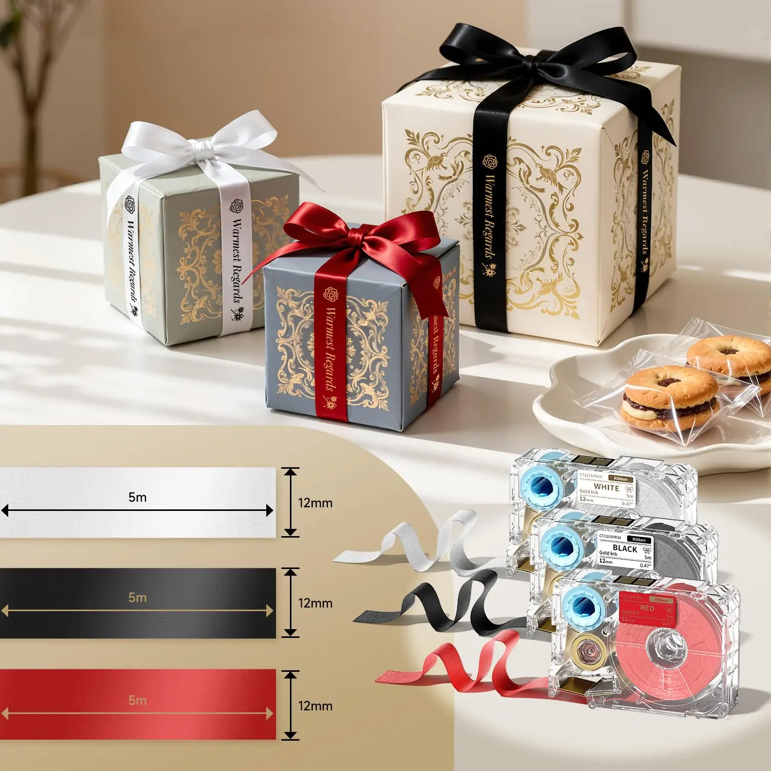 Phomemo A30 P15 Satin Ribbon Label Tape 12mm*5m White Black Red Gold Printed Fabric Ribbon For Gift Wrapping Bouquet Bow DIY