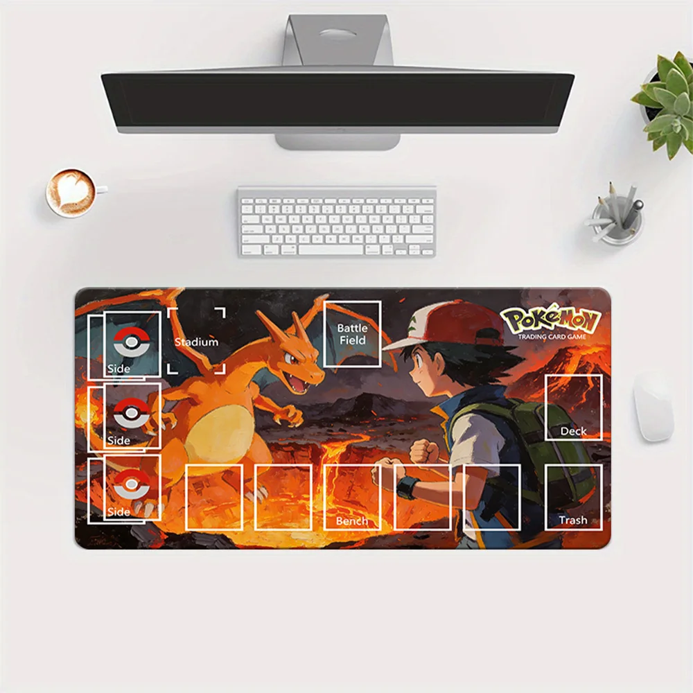 

Игровой коврик для карточной игры Pokemon Ash & Charizard Volcano TCG, большой игровой коврик для мыши с зонами для карт, настольный коврик
