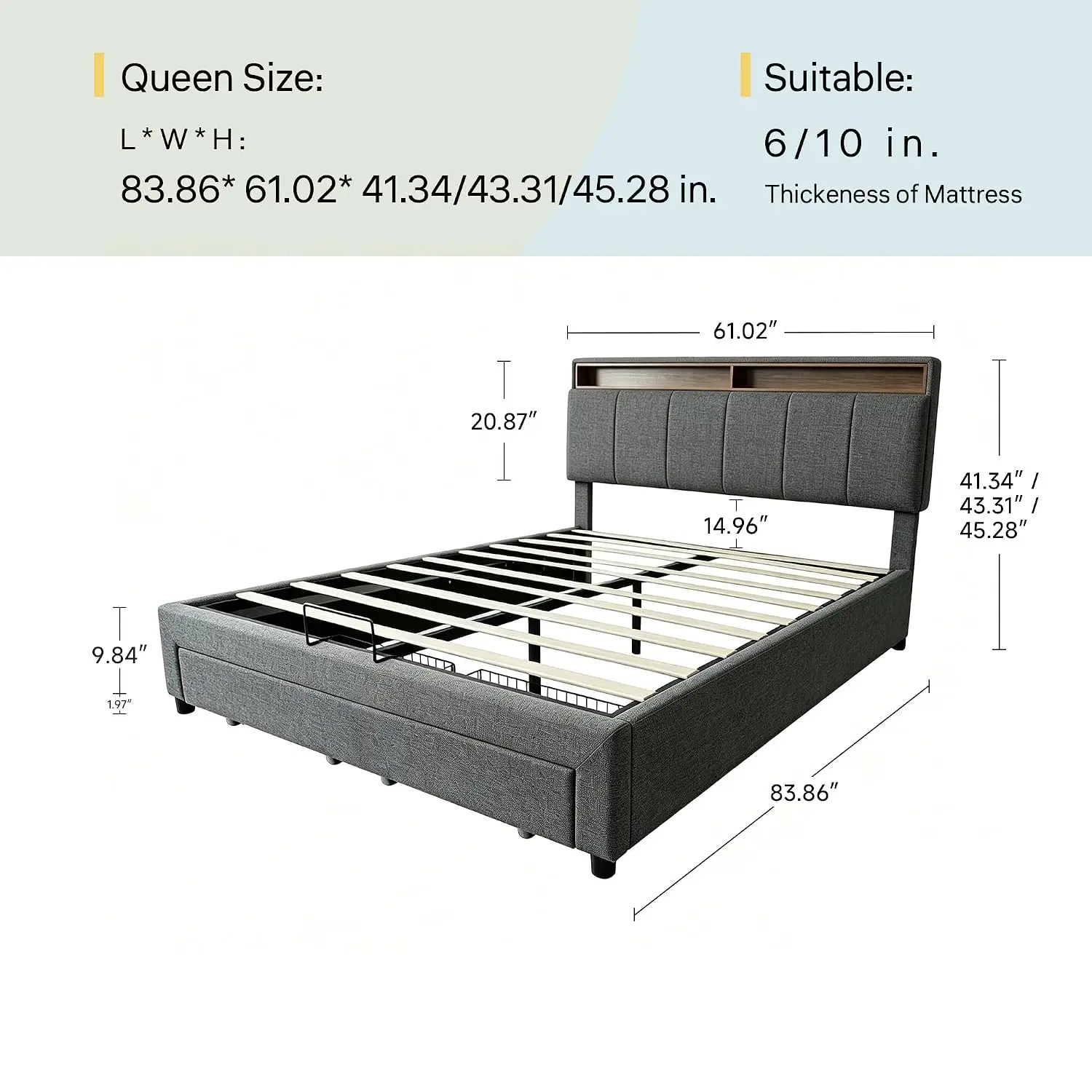 Modern Upholstered Storage Bed Frame with Adjustable LED Headboard, Built-In Storage, Hydraulic Lift System, Large, Customized