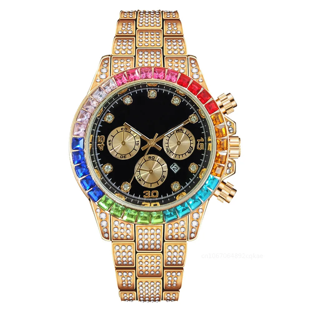 Luxury Men Watches Colorful Quartz Wristwatches Rhinestone Watch Calendar Watch Male Clock Gift Relogios Masculino Montre Homme