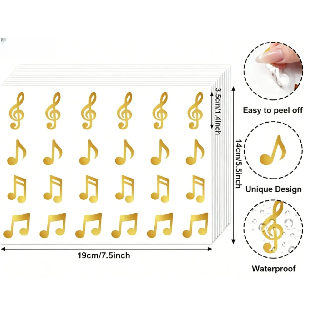Gold Black Music Symbol Stickers 20 Sheets Transparent BOPP Easy Peel Off for Classroom Decoration Teacher Incentives