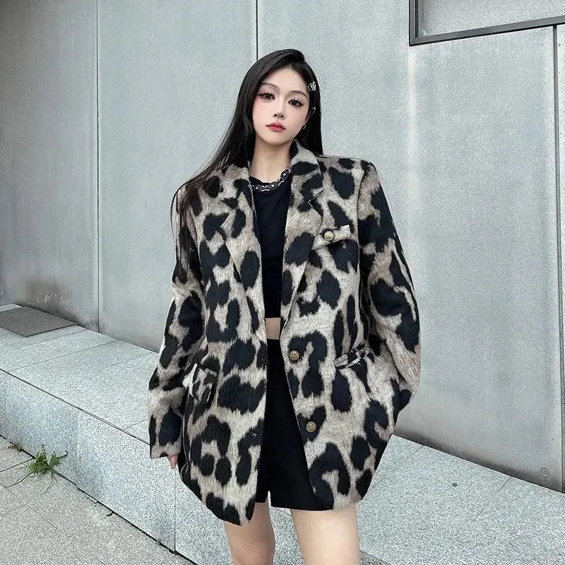 UNXX 2023 New Leopard Print Wool Suit Jacket, Autumn Winter, Retro, Thick, Loose, High-End, Long Sleeve, Casual, Fashionable Top