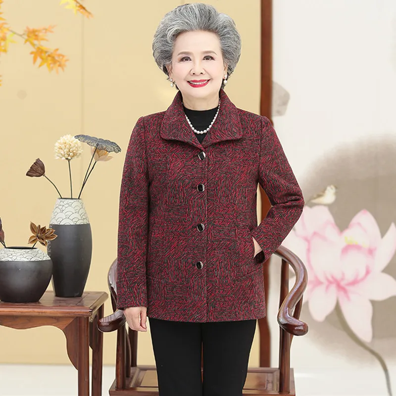 Coat Women Autumn Winter Grandma Woolen Jackets Lapel Collar Single-breasted Wool Long Sleeve Middle Aged Mother Short Coats