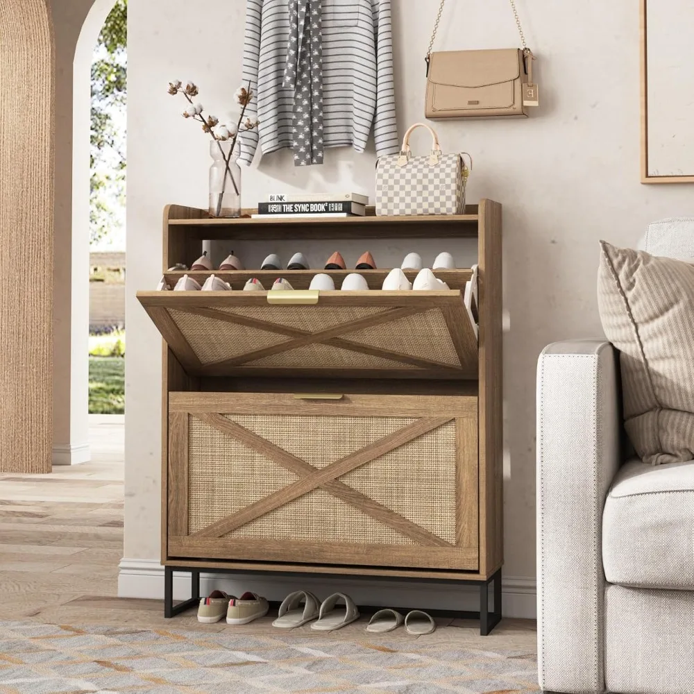 Organizer with Metal Legs for Entryway, Narrow Shoe Rack Cabinet, Hidden Golden Handles, Rustic Oak Rattan