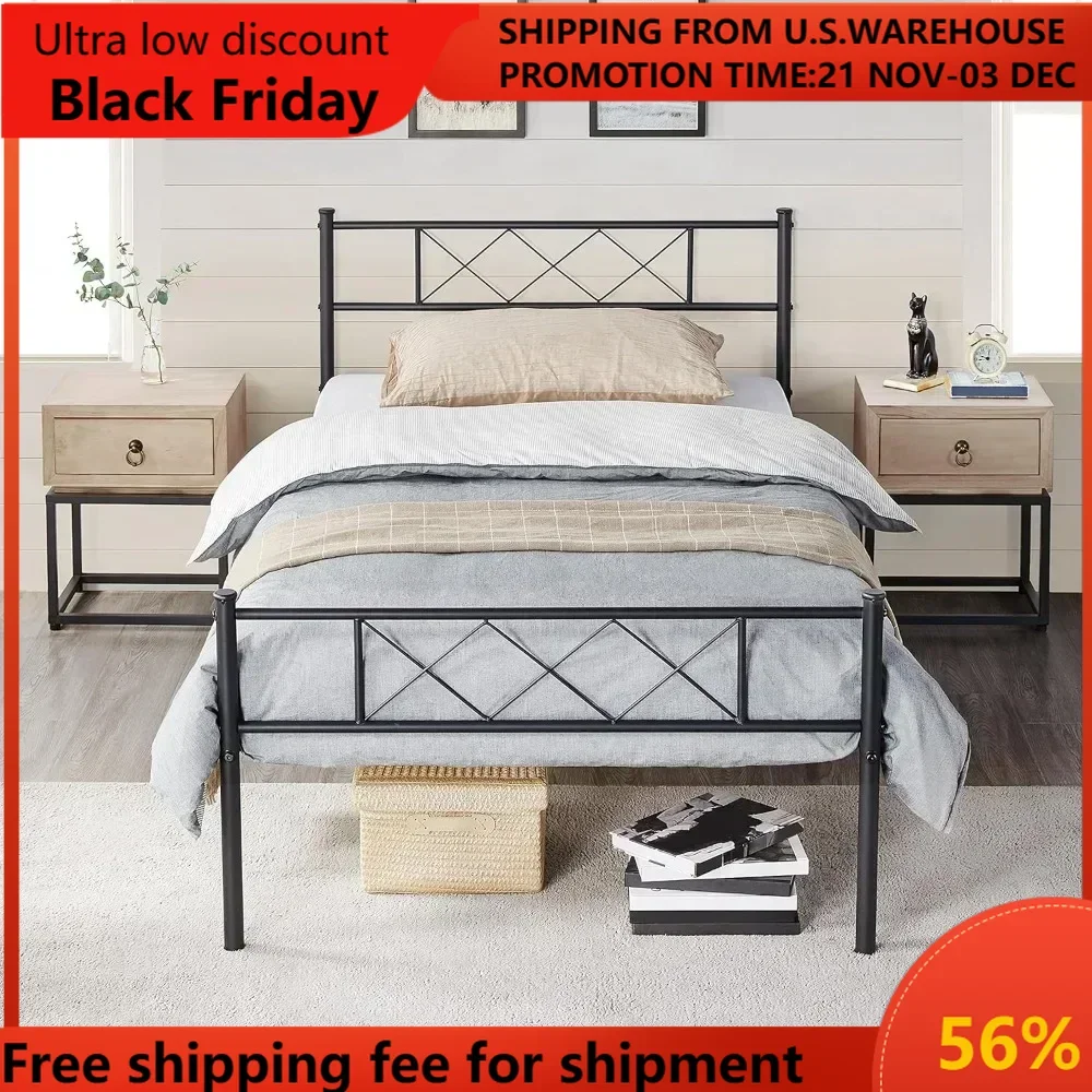 

Twin Metal Platform Bed Frame Mattress Foundation with Headboard and Footboard No Box Spring Needed Under Bed Storage Steel