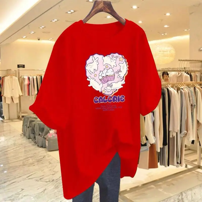 

Women Clothing Fashion Cartoon Rabbits Printed T-shirt New O-neck Short Sleeve Pure Cotton Loose Simple Basics Top Tee