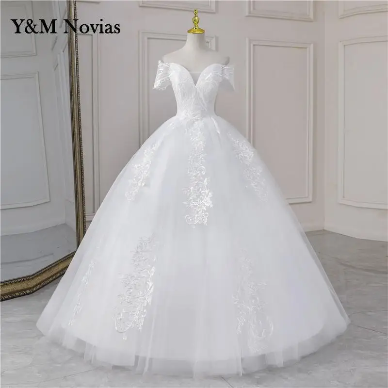 Y & m novias vestido de casamento personalizado manga boné moda elegante barco pescoço fora do ombro princesa renda bordado vestidos de baile de noiva