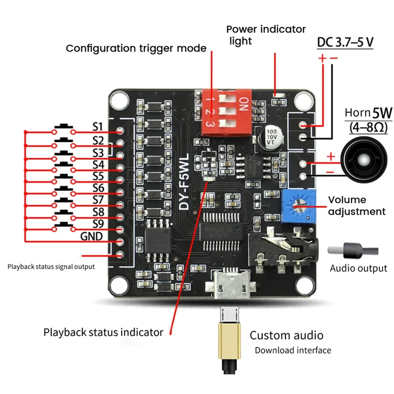 DY-F5WL 5W Voice Afspeelmodule Ondersteuning Micro-Sd Kaart Mp3 Muziekspeler Voor Arduino