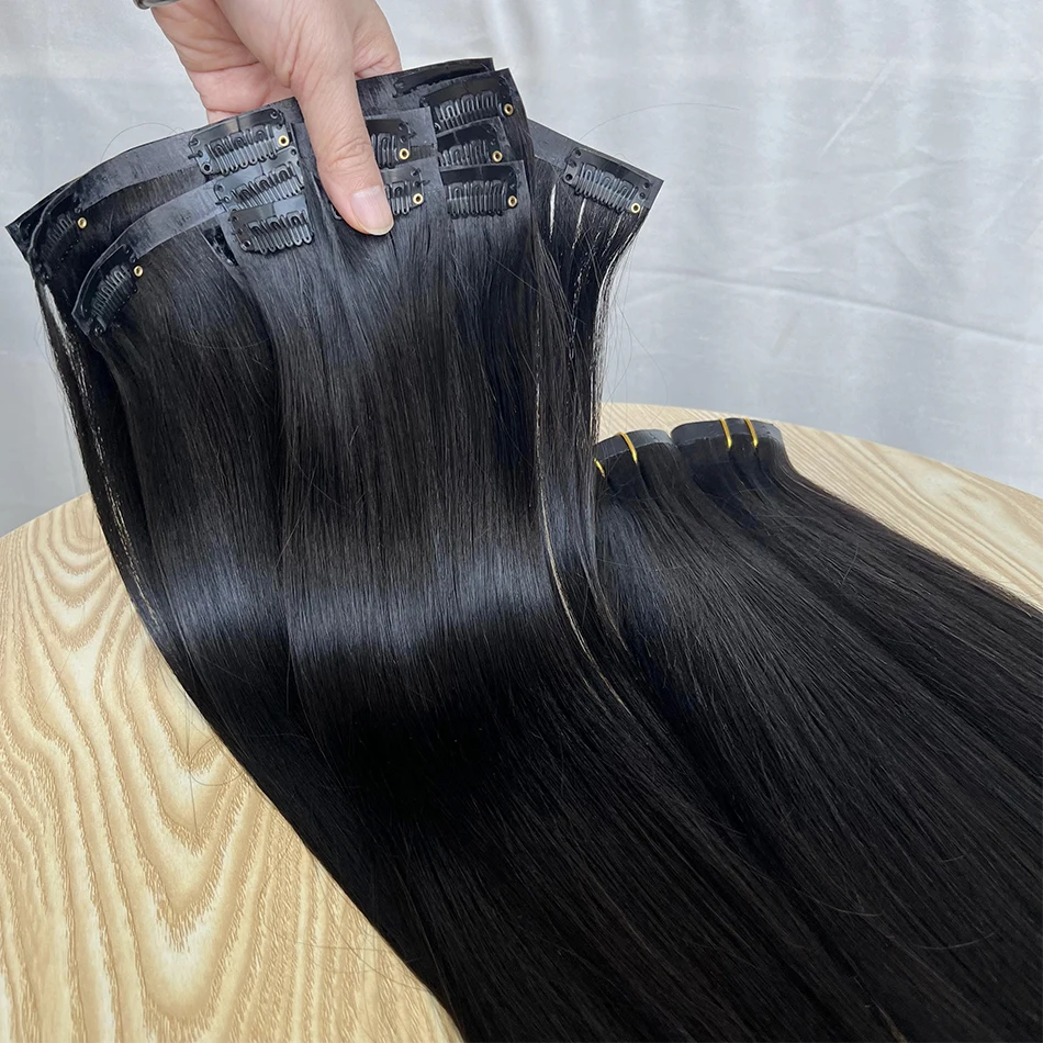 Natural Straight Clip na extensão do cabelo, PU trama, 100% Real Raw cabelo humano, sem costura, não transformados, 4C, 100g, 7pcs por conjunto