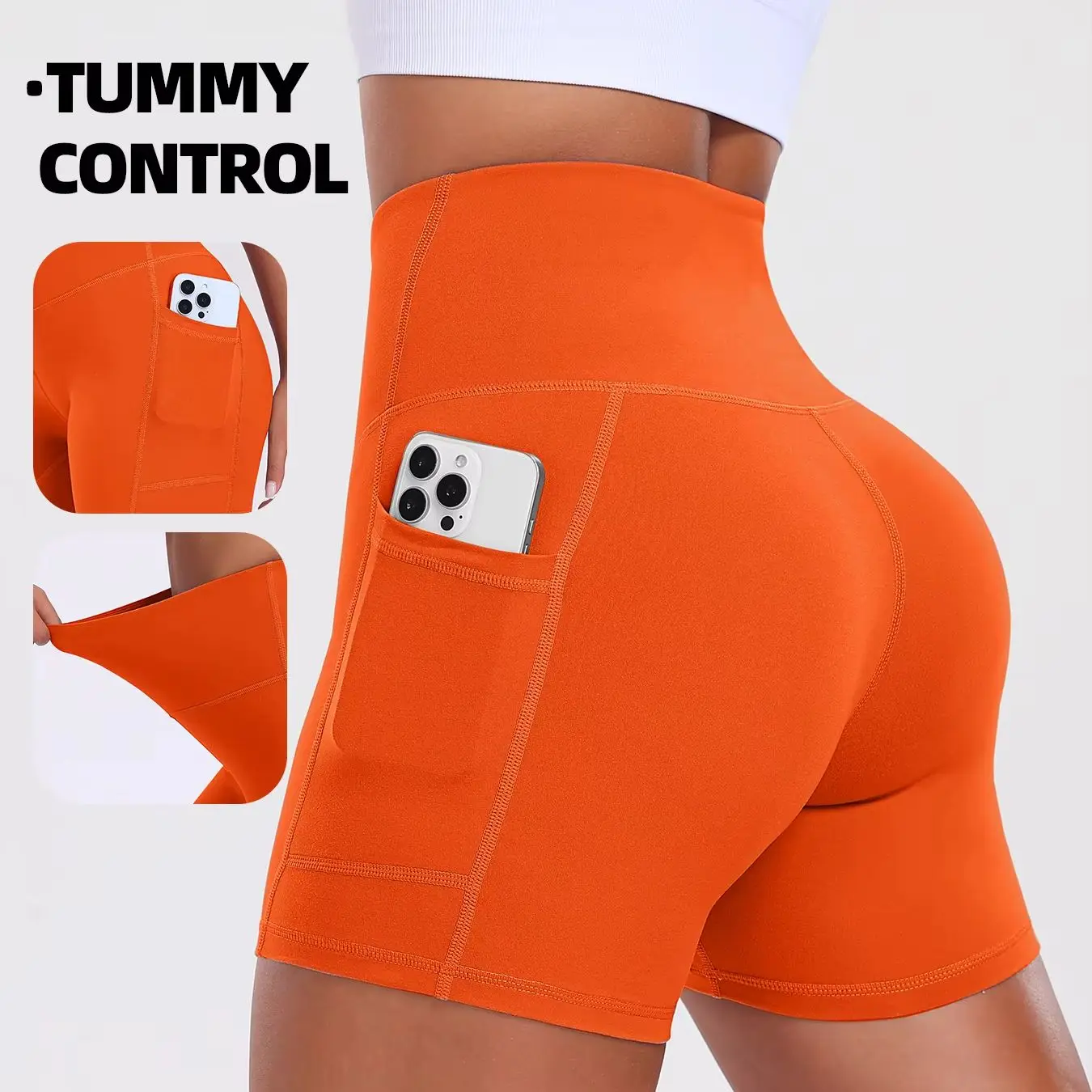 Women Pocket Sports ShortsHigh Waist Yoga Leggings Street Wearling Elastic Skinny Shorts Running Cycling Three Point Shorts