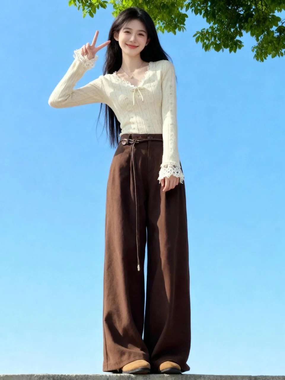 

Women's Knitted Long Sve V-Ne T-irt Lace Trim Knot Slim Fit Inner Wear Base irt Top Korean Sle Autumn Wi...