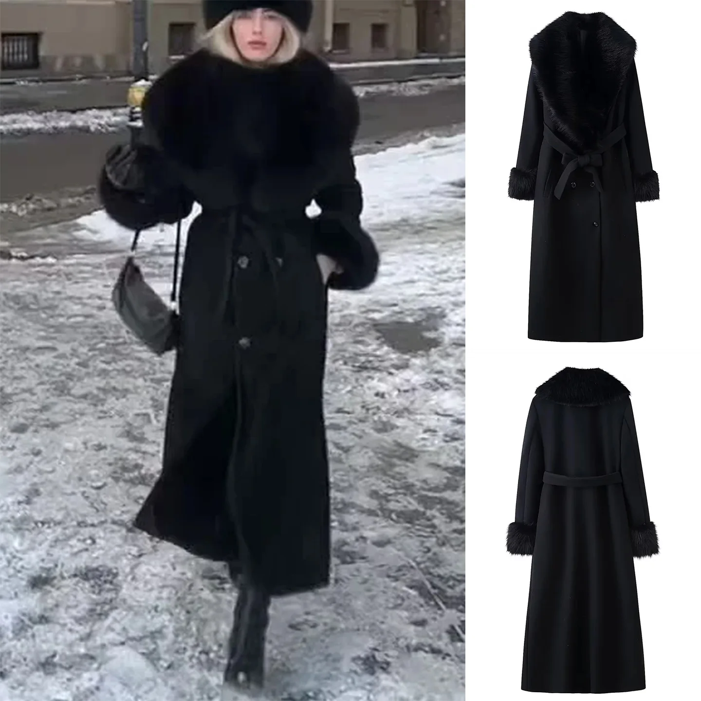 

Новое зимнее женское длинное шерстяное пальто с отложным воротником и узлом с поясом на одной пуговице с меховым воротником Jaet