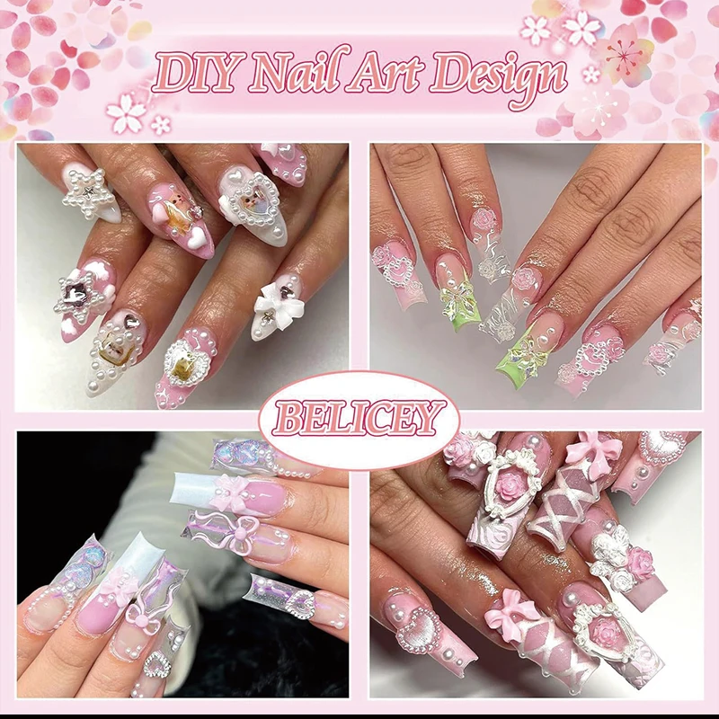 24-Piece 3D Y2K Millennial Nail Art Decoration Set, Assorted Rhinestones, Pearls, Butterfly, Heart & Flower DIY Nail Charms view 6