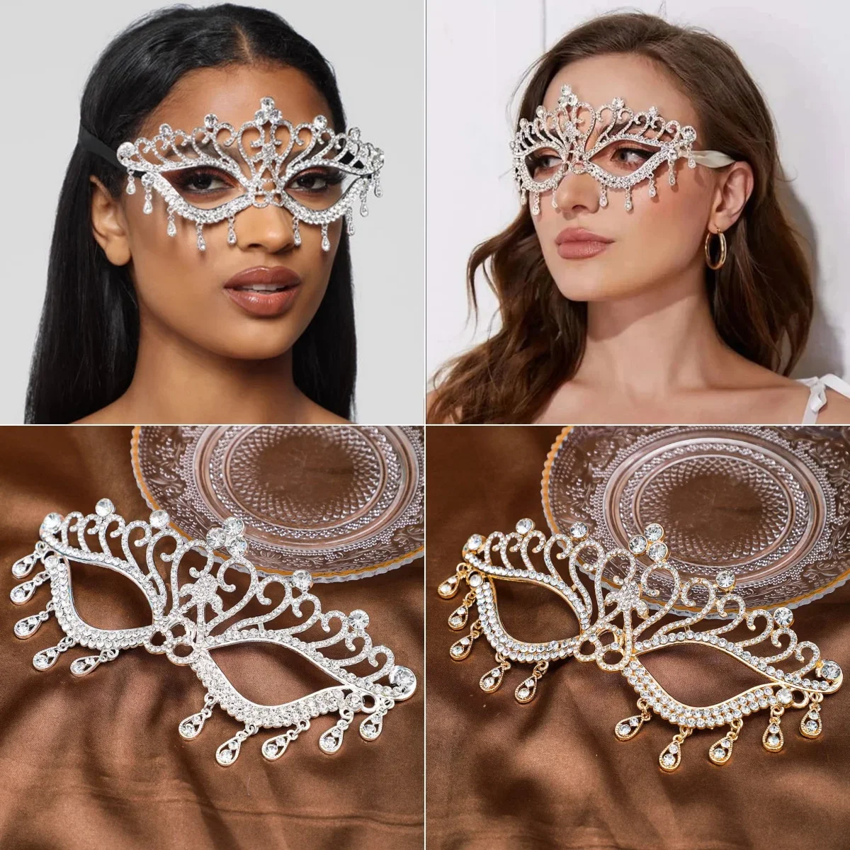 

Masquerade Mask Rhinestone Fancy Crystal Mask Venetian Party Prom Crown For Women Costume Wedding Bridal Tassel Face Mask