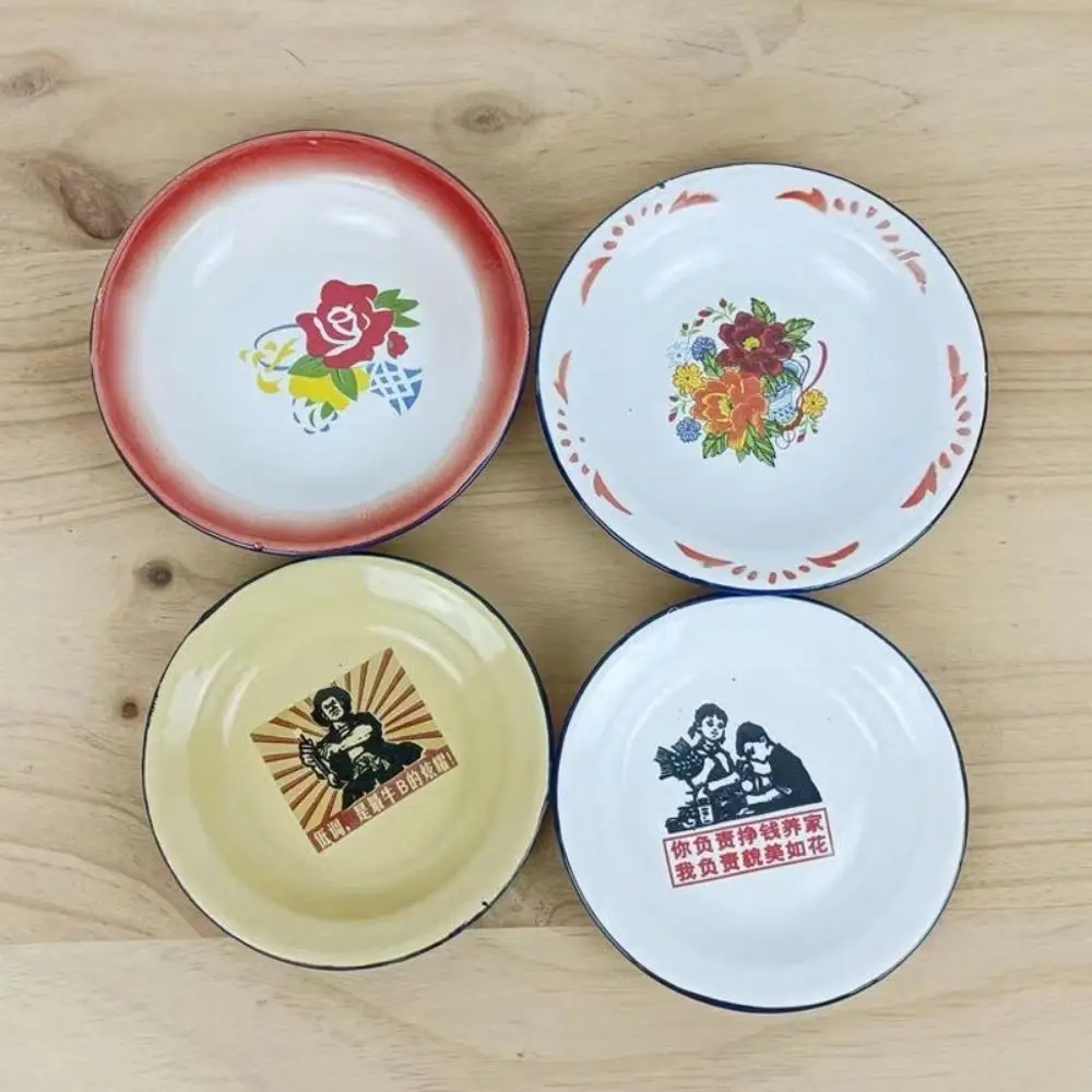 Retro Iron Enamel Iron Enamel Dish Plate Nostalgic Theme Chinese Style Round Enamel Plate Old-fashioned Food Storage Tray Fruit