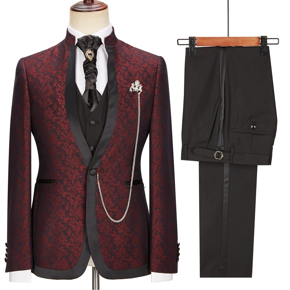 Burgundy Paisley Slim Fit Stand Collar Floral Men Suits Tuxedo Prom Wedding Groom 3 Pieces Suits for Men Jacket Pants Vest