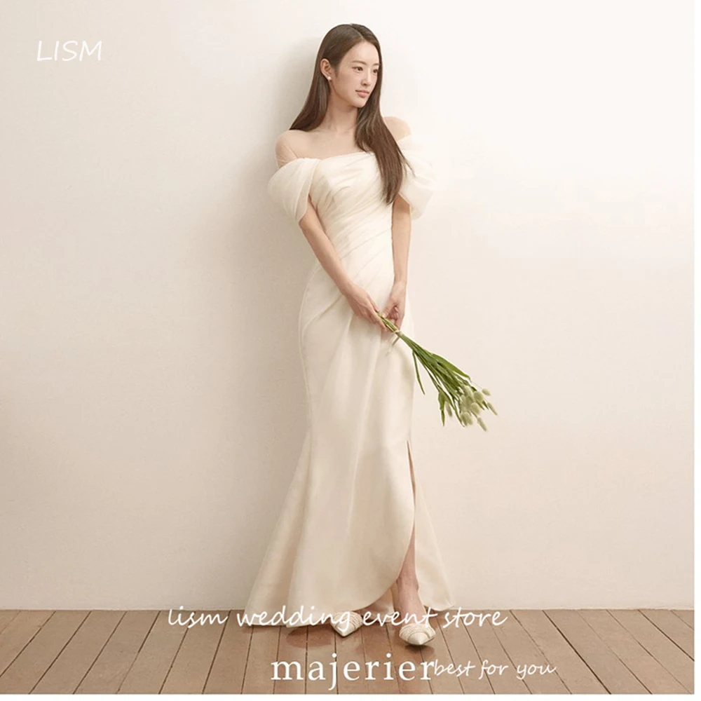 

LISM Elegant Mermaid Korea Wedding Dresses Sheer Neck Off Shoulder Split Floor length Bridal Gowns Photo shoot Party Evening