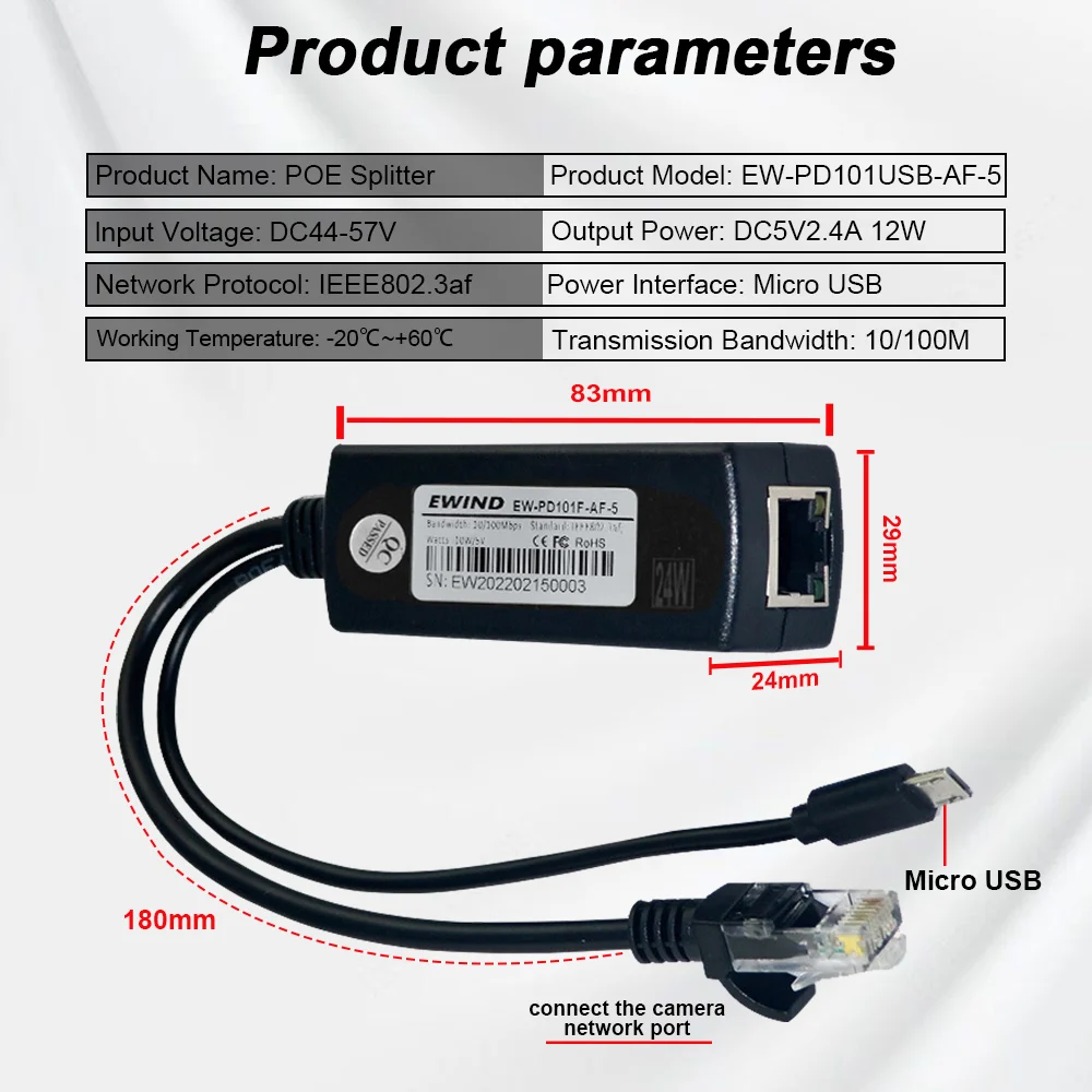 Poe Ethernet cable splitter, power supply, RJ45 connector for HD IP camera, CCTV accessories