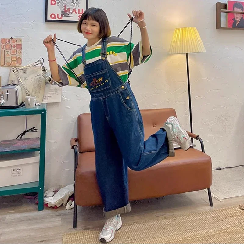 2025 Embroidered Jean Jumpsuits Women New Vintage Baggy Denim Overalls High Street Straight Loose Wide-leg Pants Female