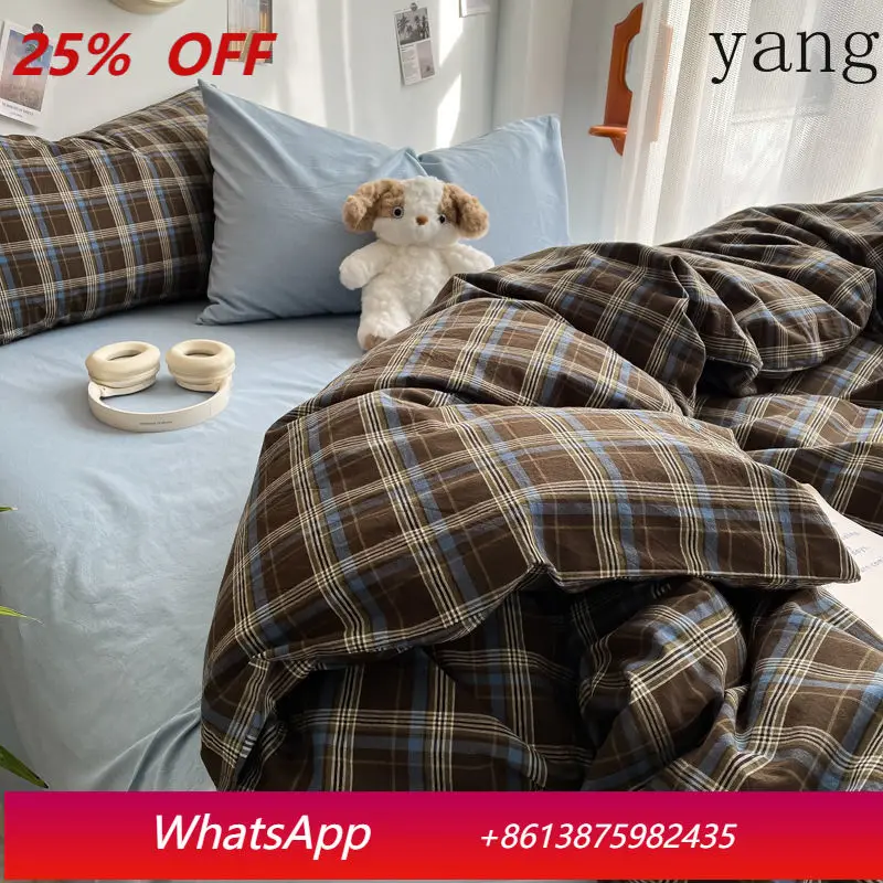 

A four-piece bedding set with a blue coffee grid and washed cotton blend