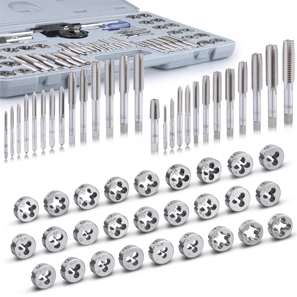 60-Pcs Master Tap and Die Set Include Inch Size #4 to 1/2” Metric Size M3 to M12 Coarse and Fine Threads Rethreading Tools Kit