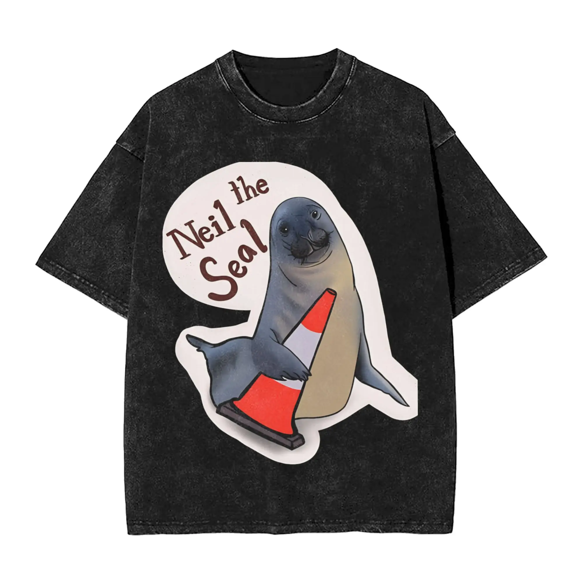 Washed T Shirts Neil The Seal Hip Hop T-Shirts Harajuku Beach Animal Streetwear Short Sleeve Printed Tee Shirt for Men Women