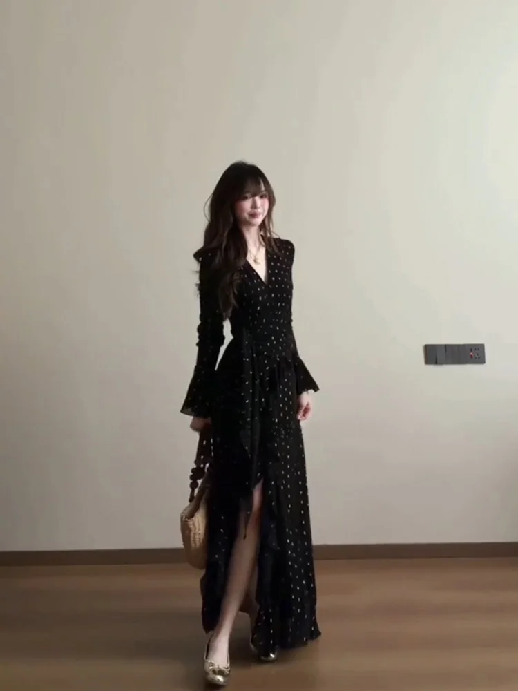 

Elegant Polka Dot Maxi Dress with Waist Cinching Slit V-Neck Long Sleeve for plus Size Women Summer Casual Asymmetrical Skirt