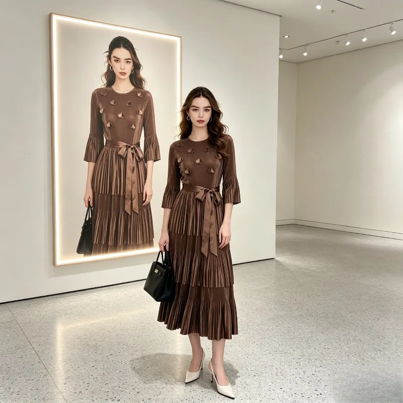 Miyake Pleated Dress 2026 Summer New Pleated Casual Fashion Niche Design Sense Elegant Bow Comfortable Mid-Length Style Pleat
