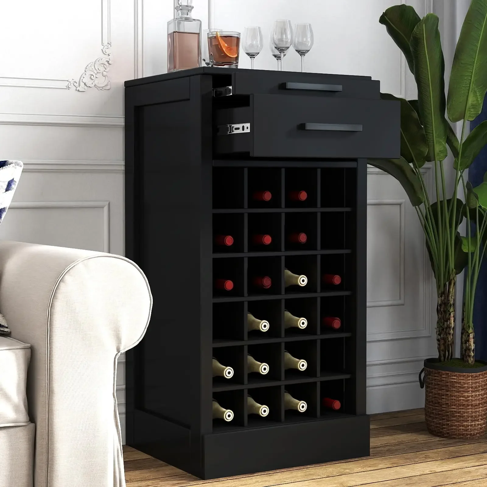 Wine Rack Freestanding Floor Stackable for Liquor 24 Bottle Dividers, Drawer & Pull-Out Tray Rustic Rectangle Small