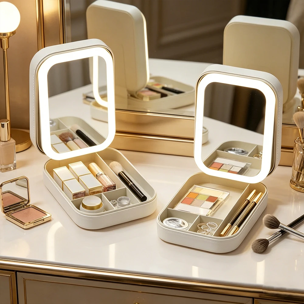 Portable LED Cosmetic Case With Mirror Fashion Makeup Storage Bag for Women Travel Essentials Smart Lighted Cosmetic Pouch
