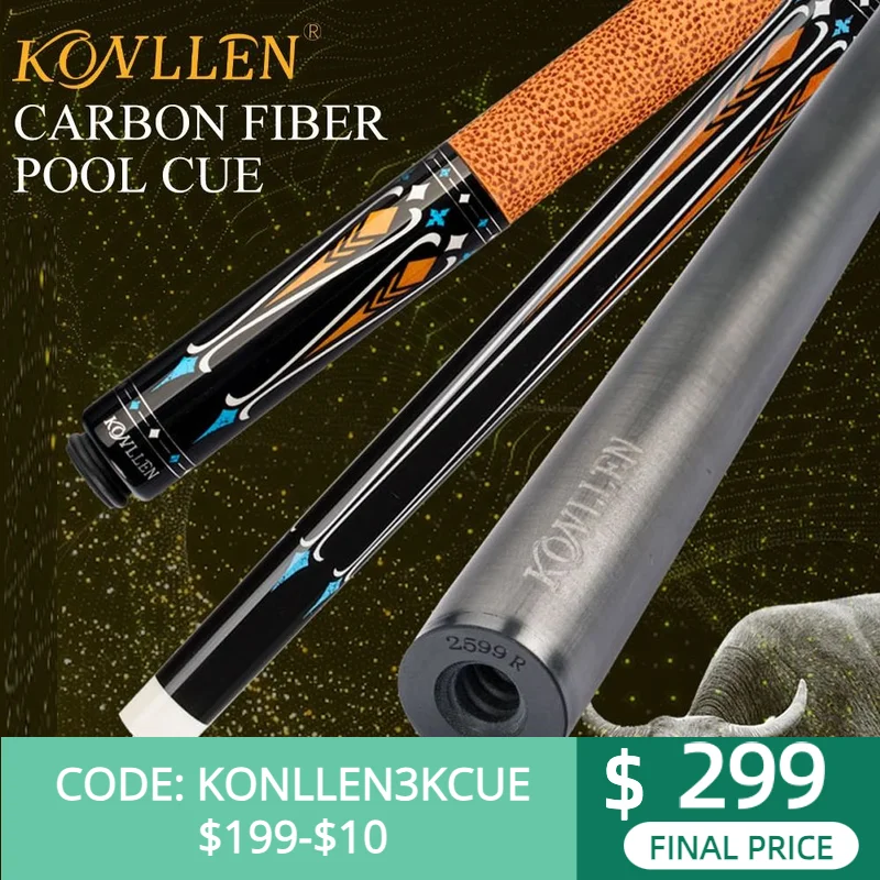 KONLLEN Carbon Energy Carbon Fiber Pool Cue Shaft 12.5mm Tip Stick 3/8*8 Radial Alloy Joint Cowhide Grip Play Cue Billiards Kits