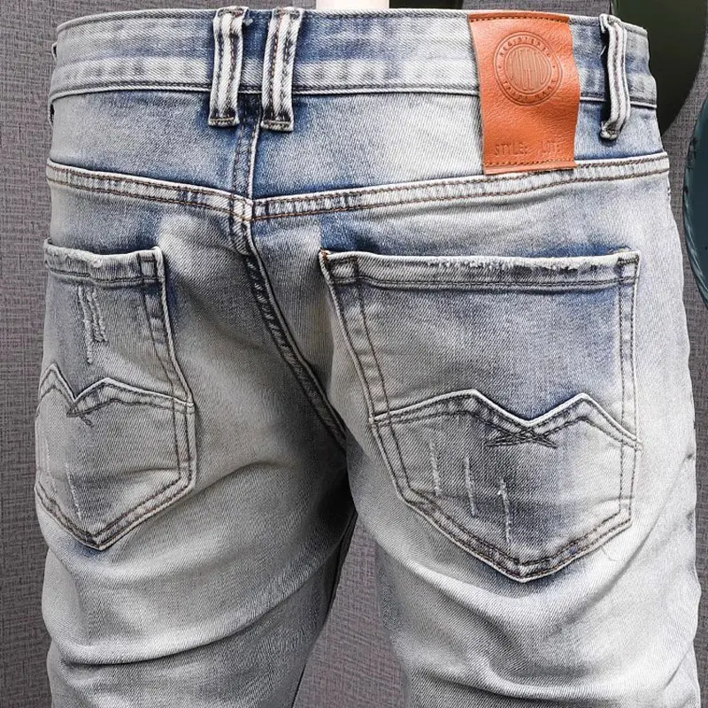 Jeans rasgado elástico azul claro masculino, calça de streetwear, jeans vintage, slim fit, designer, moda retrô