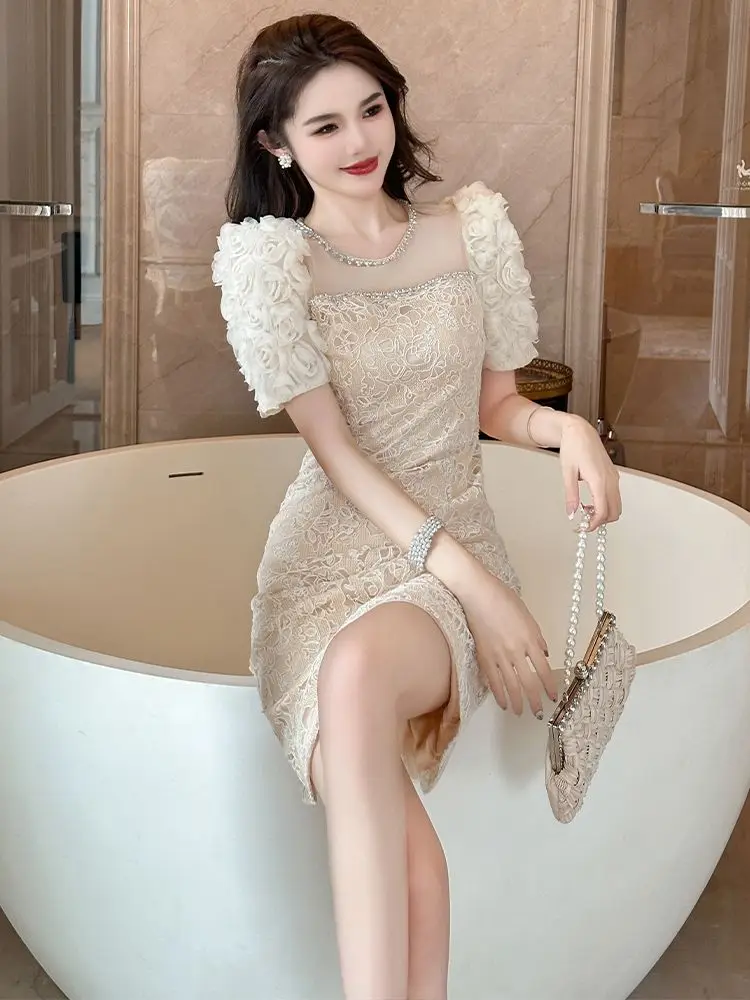 

2025 Summer New Women Elegant Party Dress Flower Design Puff Sleeve O Neck Lace Slim Short Dresses Vestidos Elegantes Para Mujer