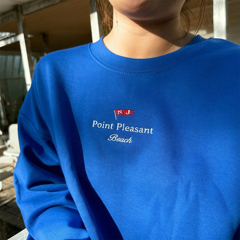 Point Pleasant Beach Letters  Embroidered Sweatshirt Women Autumn Winter Thick Fleece Warm Pullover Vintage Style Casual Jumper