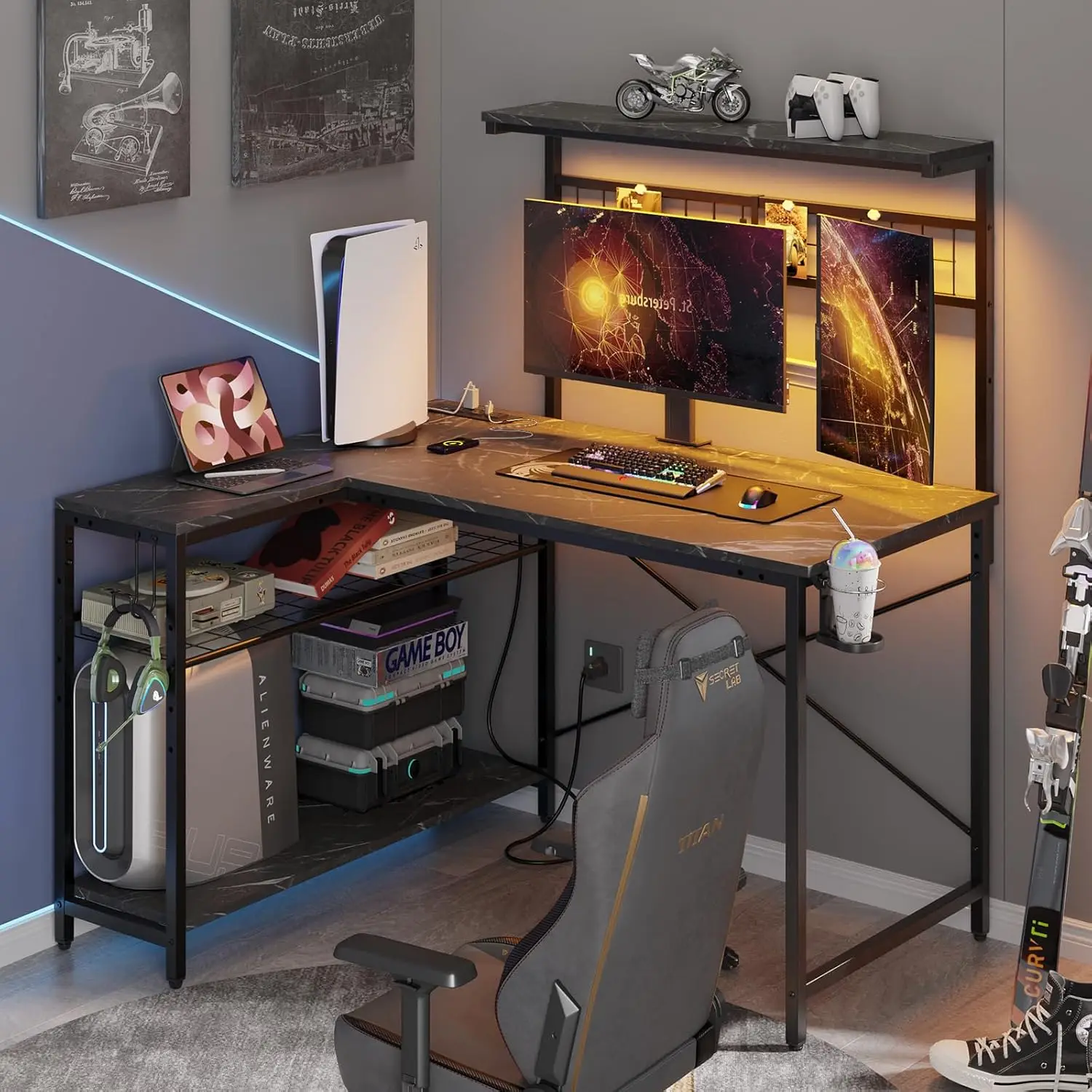 Bestier 42 L Gaming Desk,Computer Desk With Power Outlets, Led Lights, Reversible Corner Desk With 4-Tier Shelves,Cup Holder &