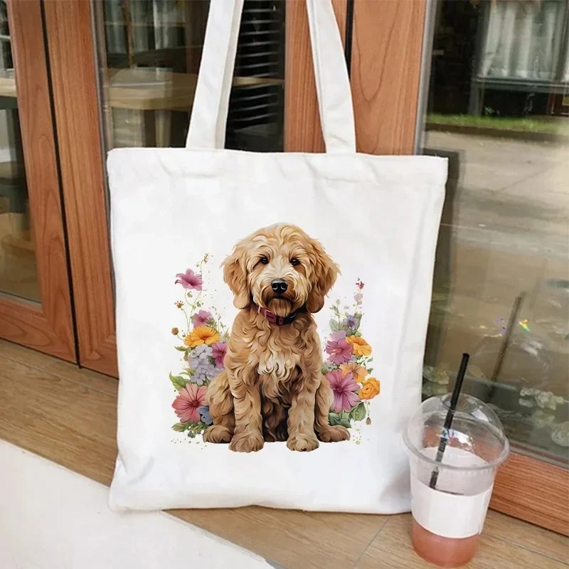 المائية الأزهار الكلب طباعة حقيبة قماش قنب المرأة موضة الكتف Totebag الإناث أكياس التسوق فتاة طالب الحقائب المدرسية حقائب اليد الحيوانية
