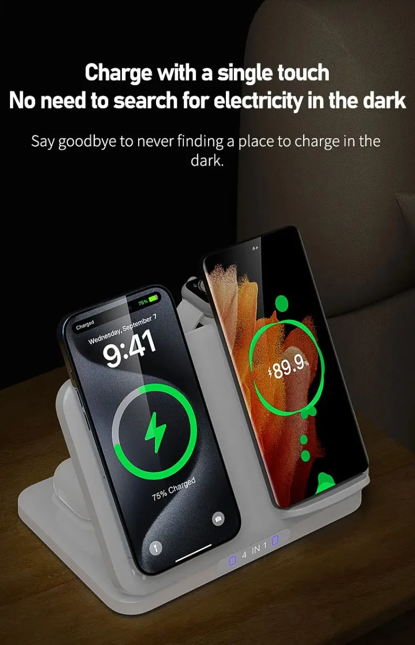 4-in-1 Dual-Handy-Ladestation für iPhone 17~12, Samsung S25, Xiaomi, Airpods Pro, Apple Watch 11~2, Magnetisches Schnellladen – Detail 3