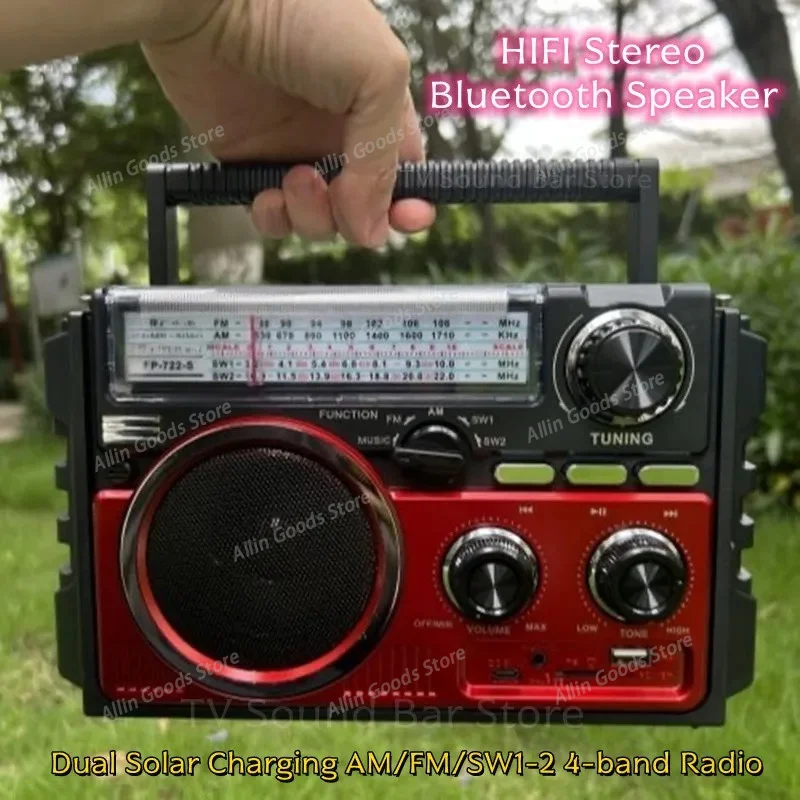 FP-722-S Dual Solar Charging AM/FM/SW1-2 4-band Radios HIFI Stereo Bluetooth Speaker Portable Mp3 Music Player Built in Speakers