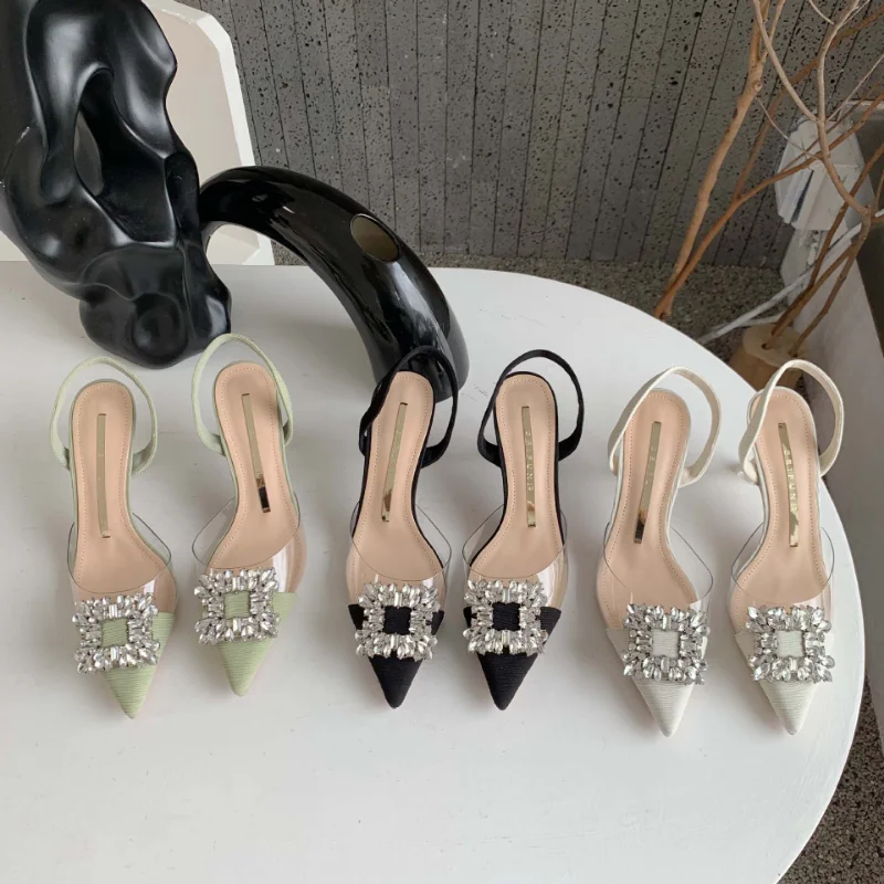 Fashion Baotou Half Slippers for Women 2023 Summer New Outdoor Rhinestone Pointed Thick Heel High Heel Sandals Zapatos De Mujer